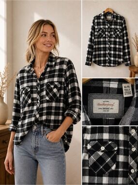 VINTAGE Weatherproof  100% cotton XL flannel plaid button down shirt black white